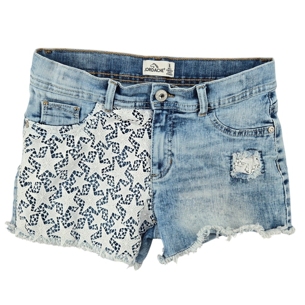 Jordache‎ Size 14 Denim Shorts Kids Light Wash Star Lace Distressed Cut-off